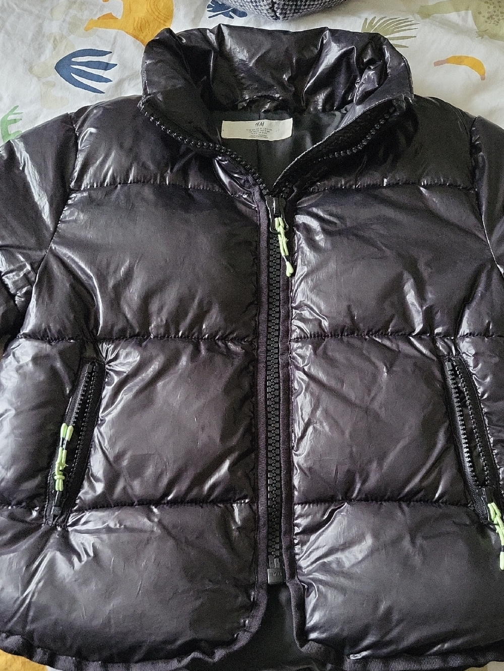 H&M Kids Shiny Black Puffer Jacket with Lime Accent Zips